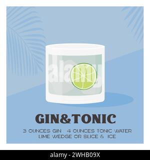 Gin Tonic Cocktail on the rocks with slice of lime. Summer aperitif retro poster. Minimalist print with alcoholic beverage garnished with lemon wheel Stock Vector