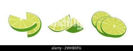 Key lime slices, cutted pieces and citrus wedges. Meethay fruit for healthy diet. Vector set of realistic flat cartoon style lime. Composition of Stock Vector