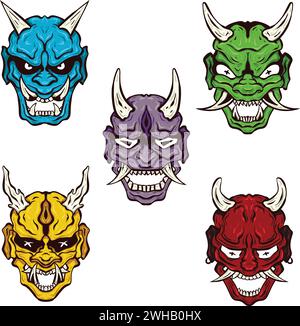 Immerse yourself in the captivating world of Japanese arts with our stunning collection of vector art files, Vector Oni Hannya masks. Stock Vector