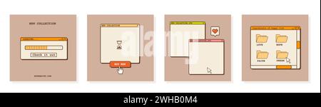 Social media post in old school nostalgic design. Retro 80s 90s aesthetic backdrops, vintage backgrounds with old computer user interface. Set of Stock Vector