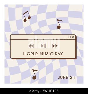 Retro style World Music Day square card, banner design. Vintage music devices, vinyl record disc and cassette tape. Nostalgic old-fashioned vector Stock Vector
