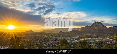 Sedona cityscape as seen at dusk from Coconino National Forest, Arizona, USA Stock Photo