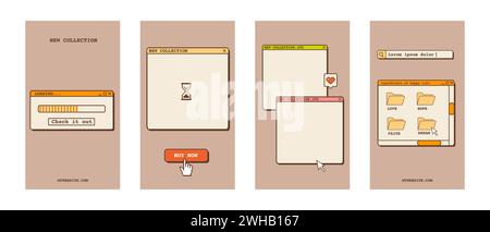 Social media vertical banners templates in old school nostalgic design with computer interface elements. Retro 80s 90s aesthetic backgrounds. Set of Stock Vector