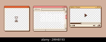 Nostalgic retro computer ui. Vintage browser and video player. Vaporwave and retrowave style old computer aesthetics. Vector set of 90s old desktop Stock Vector