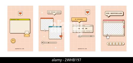 Social media ig story templates in old school nostalgic design with computer interface elements. Retro 80s 90s aesthetic backgrounds. Set of vintage Stock Vector