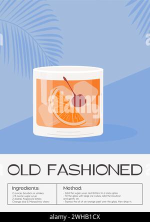 Old Fashioned Cocktail on the rocks garnish with orange slice and maraschino cherry. Whiskey with ice aperitif tropical vertical poster. Minimalistic Stock Vector