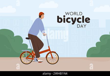 World Bicycle Day Banner. Man riding street folding bicycle in city vector flat illustration. Smiling male bicyclist dressed in stylish clothes riding Stock Vector