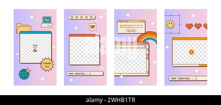 Set of post or stories templates for social media in vaporwave style. Abstract retro 80s 90s aesthetic groovy backgrounds with old computer user Stock Vector