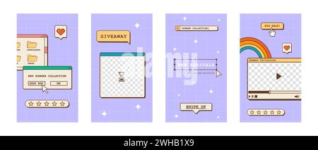 Set of linear vaporwave ig post or stories templates for social media. Abstract retro 80s 90s aesthetic groovy backgrounds with old computer user Stock Vector