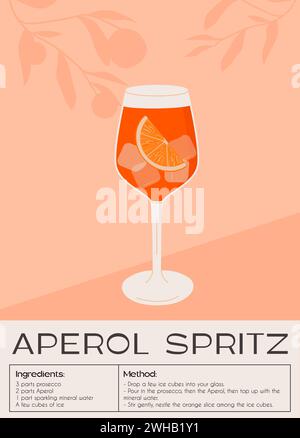 Campari Spritz Cocktail in glass with ice and slice of orange. Summer Italian aperitif retro poster. Wall art with alcoholic beverage decorated with Stock Vector