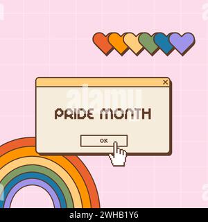 Social media post in old school nostalgic design for LGBTQ Pride Month. Retro 80s 90s aesthetic background with rainbow and hearts. Queer poster or Stock Vector