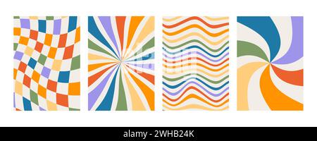 Set of retro groovy prints with rainbow colors. Checkered background with distorted squares. Abstract poster with distortion. 70s geometric Stock Vector