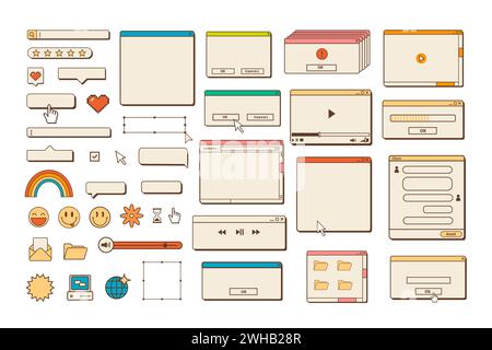 Big set of retro vaporwave desktop browser and dialog window templates. 80s 90s old computer user interface elements and vintage aesthetic icons Stock Vector