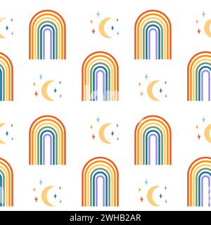 Seamless pattern with rainbow arch in groovy 70s style and moon with stars. Contemporary minimalist background in boho style. Mid century modern wall Stock Vector