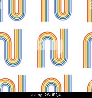 Seamless pattern with rainbow arch in groovy 70s style. Contemporary minimalist background in boho style. Mid century modern wall decor, art print Stock Vector