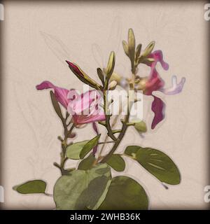 Digitally enhanced image of a Bauhinia variegata flowering tree in the legume family Fabaceae, Stock Photo