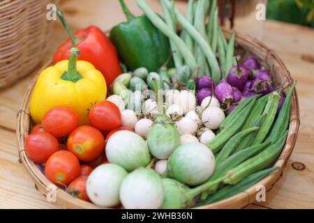 Vibrant selection of fresh vegetables including tomatoes, bell peppers, eggplants, and okra in a rustic wicker basket, showcasing organic produce Stock Photo