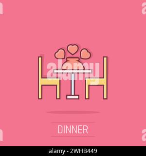Romantic dinner icon in comic style. Cafe cartoon vector illustration on isolated background. Restaurant splash effect business concept. Stock Vector
