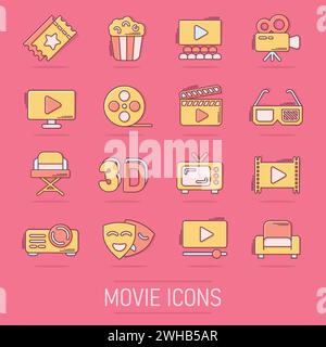 Cinema line icons in comic style. Entertainment set cartoon vector illustration on isolated background. Movie media splash effect business concept. Stock Vector