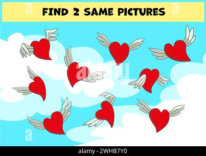 Find two same pictures, education game for children. Vector colorful set of flying hearts Stock Vector