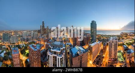 Chicago, Illinois, USA downtown skyline from above at dusk. Stock Photo