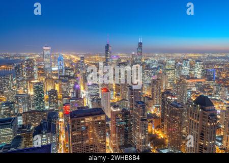 Chicago, Illinois, USA aerial cityscape towards Lake Michigan at dusk. Stock Photo