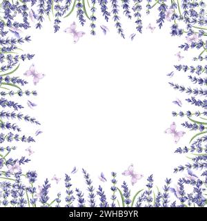 Watercolor square frame from purple lavender flowers with green leaves and butterflies. Template from natural herbs with copy space. Isolated hand dra Stock Photo