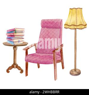 Watercolor composition of a soft pink chair, small book table with a stack of books and a yellow floor lamp Stock Photo