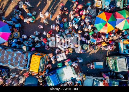 Aerial view of people working and trading at fish market along Karnaphuli river, Chittagong, Bangladesh. Stock Photo