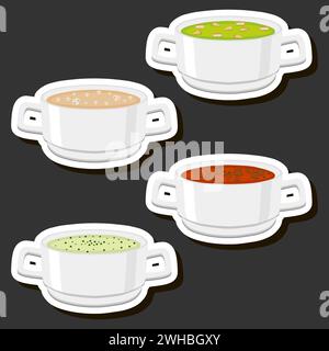 Illustration on theme big set various types beautiful tasty edible hot homemade soups with broth and vegetables consisting of various ingredients Stock Vector