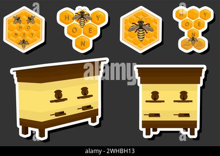 Illustration on theme for label of sugary flowing down honey in honeycomb with bee, label consisting from kit sticky honey at honeycomb off bee, honey Stock Vector