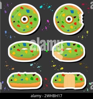 Illustration on theme big set different types sticky donuts, sweet doughnuts various size, donut pattern consisting of collection organic doughnuts fr Stock Vector