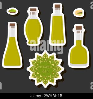 Illustration on theme big set different types liquid oil, bottle various size, collection meal oil for organic health beverage in bottle, oil in exclu Stock Vector