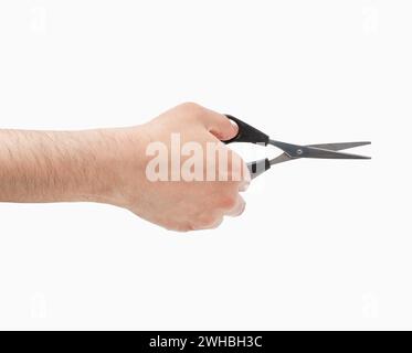 Cropped shot of an unrecognizable man hand using a small scissors isolated on a white background Stock Photo