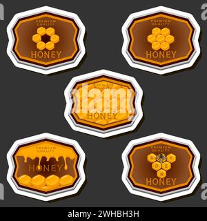 Illustration on theme for label of sugary flowing down honey in honeycomb with bee, label consisting from kit sticky honey at honeycomb off bee, honey Stock Vector