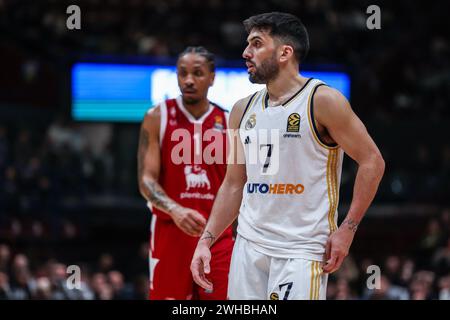 Facundo Campazzo #7 of Real Madrid looks on during Turkish Airlines EuroLeague 2023/24 Regular Season Round 26 game between EA7 Emporio Armani Milan and Real Madrid at Mediolanum Forum, Milan, Italy on February 08, 2024 - Photo FCI / Fabrizio Carabelli Stock Photo