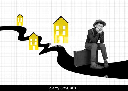 Creative collage artwork of unhappy young guy alone sitting packed stuff suitcase ukrainian migrant in europe isolated on plaid background Stock Photo