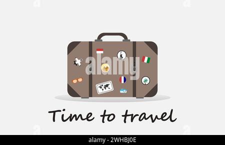 Travel concept with old vintage leather suitcase with travel stickers. Time to travel. Vector illustration. Stock Vector
