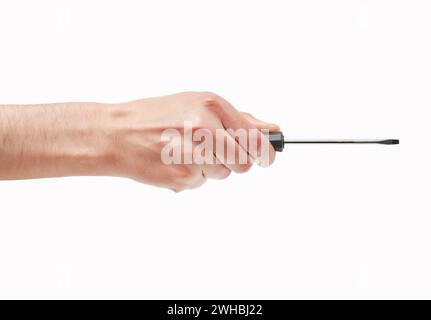 Man hand holding a phillips screwdriver isolated on a white background Stock Photo