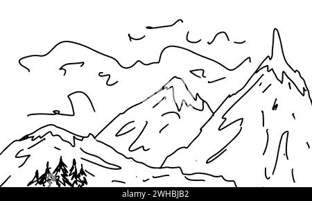 Mountain landscape. Hand drawn doodle style. Vector illustration isolated on white. Coloring page Stock Vector