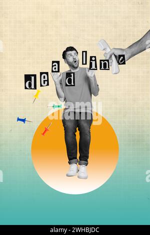 Vertical collage picture illustration black white filter scary afraid stressed man burn deadline time gradient white turquoise background Stock Photo