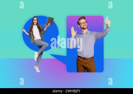 Creative collage picture illustration two attractive smile excited young couple man woman video call distance colorful background Stock Photo