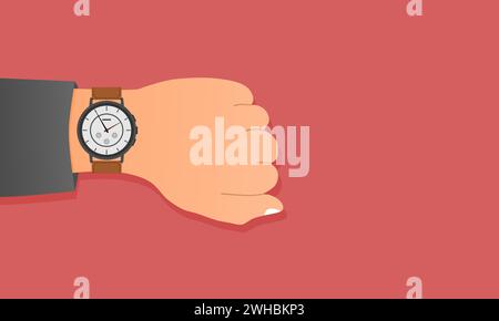 Wristwatch on the left hand. Man with clock checks the time. Vector illustration. Stock Vector