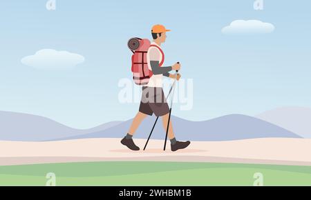 Man hiker with backpack. Hiking or trekking. Vector illustration. Stock Vector