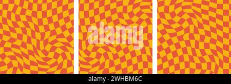 Set of Square Groovy Checkerboard Waves Patterns. Twisted and Distorted Vector Textures Bring a Trendy Retro Psychedelic Style. Perfect for Y2K Aesthe Stock Vector