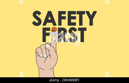 Safety first concept. Right hand with pointing finger and safety helmet and glasses. Vector illustration. Stock Vector