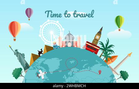 Travel around the world concept with famous world landmarks. Vector illustration. Stock Vector