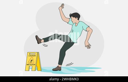 A man slipping and falling down. Wet floor warning and caution sign. Vector illustration. Stock Vector