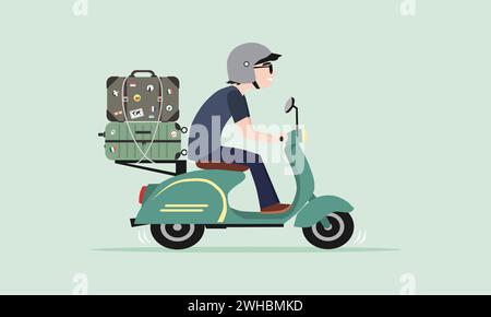 Men riding old classic scooter with luggage or suitcase. Motorcycle touring concept. Vector illustration. Stock Vector