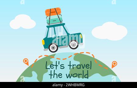 Travel by car and map concept. A car on the planet earth. Road trip concept. Vector illustration. Stock Vector